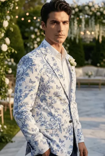 White Floral Twill Two-Button Blazer-1